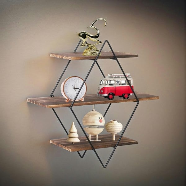 Rafaelo Mobilia Industrial 3 Tier Wooden Diamond Shape Floating Shelf