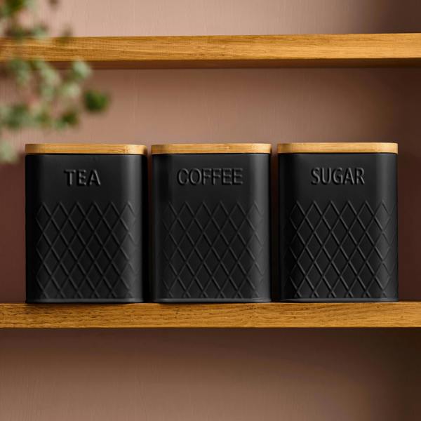 Cooks Professional 3 Piece Embossed Kitchen Storage Set with Bamboo Lids | Black