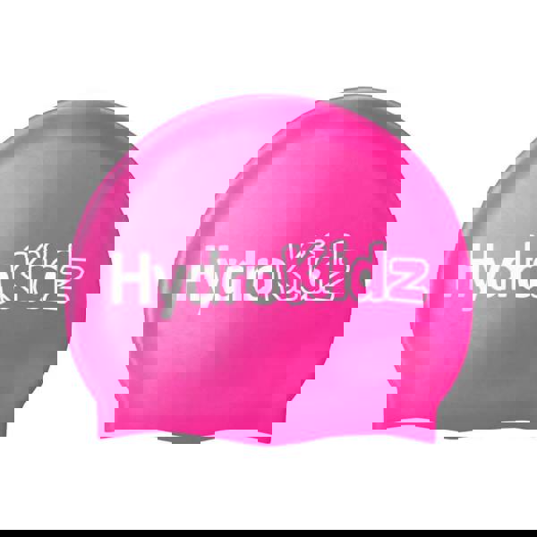 Pink HydroKidz swim cap with white text and logo, high quality silicone