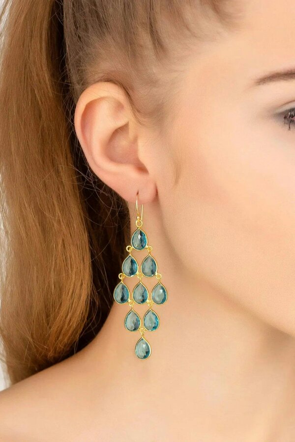 Latelita Erviola Gemstone Cascade Earrings Gold Blue Topaz