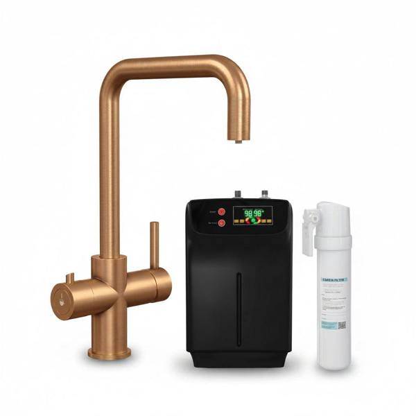 Copper kitchen boiling water tap on a white background with bolder and carbon filter