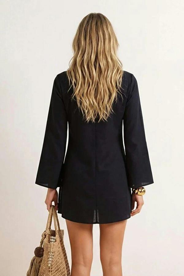 WOVCOR V Neck Long Sleeve Accessory Detail Beach Mini Dress