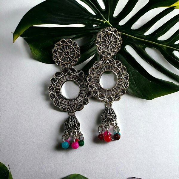 The Colourful Aura Indian Boho Oxidised Drop Ethnic Jhumkis Earrings