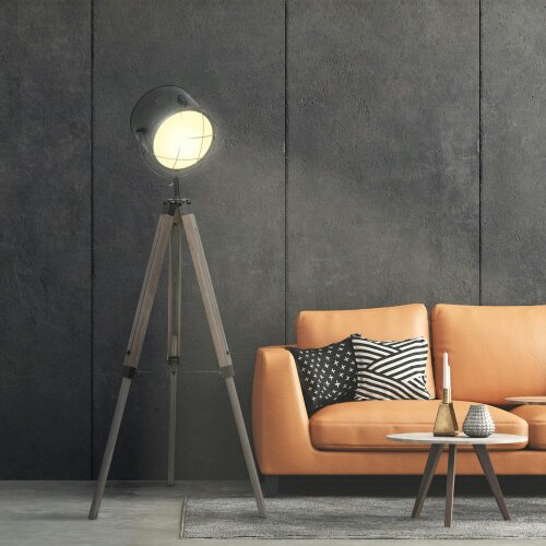 Wyld Haus Lesado Zine Wood And Metal Grey Adjustable Tripod Floor Lamp With Spotlight Head