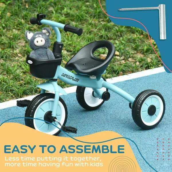 Blue kids tricycle with black seat, front basket, and bell handlebar