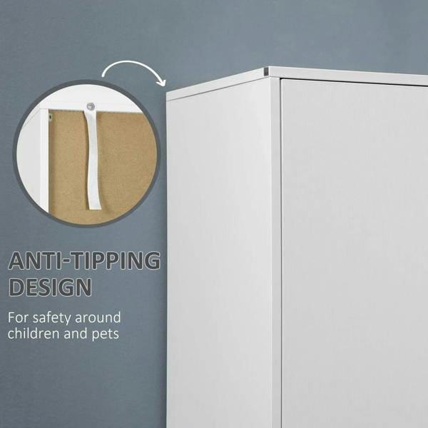 Anti-tipping strap attachment for a white wardrobe, showing wall anchor point