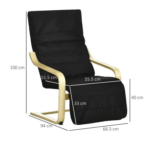 Black upholstered lounge chair with bentwood frame and padded footrest, side view