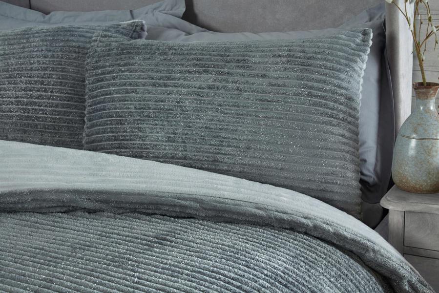 Smart Living Sparkle Ribbed Fleece Duvet Cover With Pillowcases - Grey