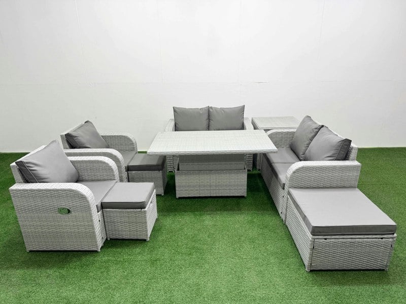 Fimous 9-Seater Outdoor Rattan Reclining Sofa Set | Adjustable Dining/Coffee Table, 3 Stools, Side Table | Light Grey