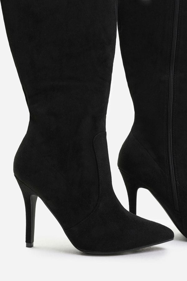 Where's That From Zoya Wide Calf High Heel Boot in Wide E Fit in Black Suede