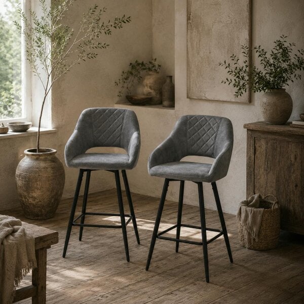 Wyld Haus Zire Set Of 2 Grey Velvet Fabric Counter Bar Chairs With Steel Legs