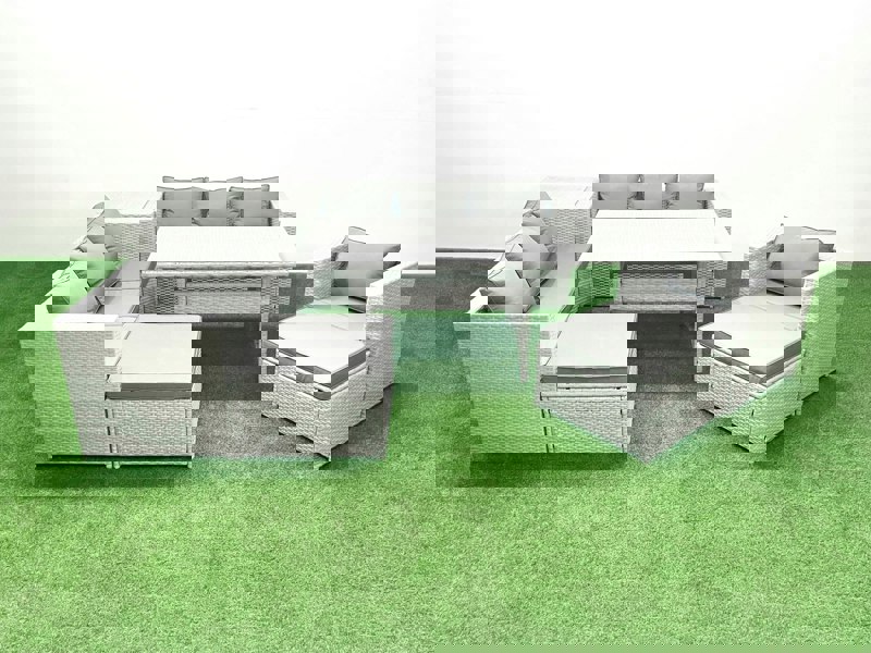 Fimous 8 Pieces Outdoor Rattan Sofa Set with Cushions Patio Garden Furniture Sets with Armchair Dining Table Side Table 2 Big Footstools