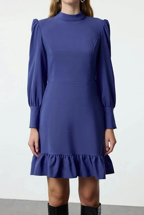 WOVCOR A-Line Stand-Neck Mini Woven Dress with Gathered Skirt