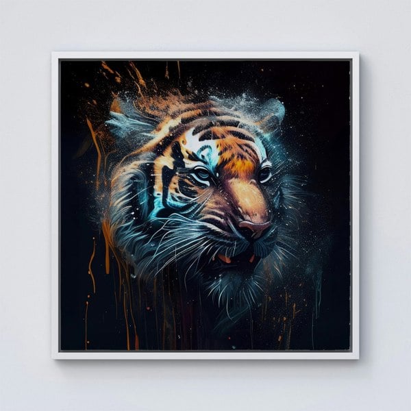 Warren Reed Tiger Face Splash Art Dark Background Framed Canvas