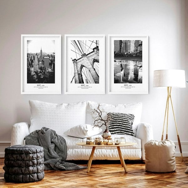 White and black art | set of 3 New York living room wall art