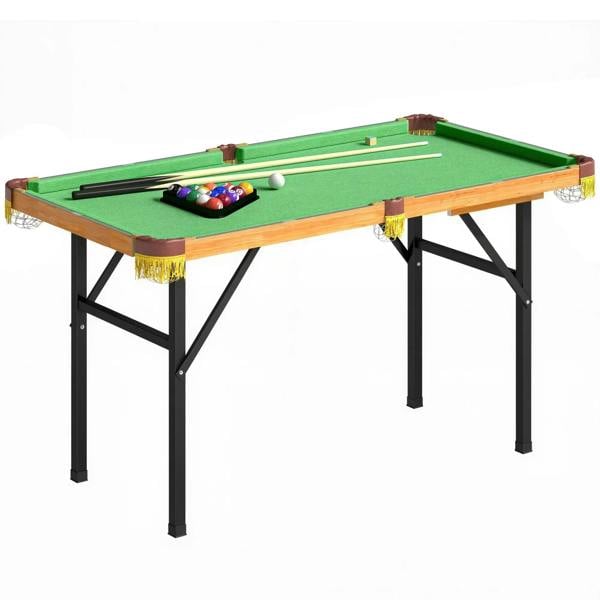 Green mini folding billiards table with wooden frame, black legs, felt playfield.