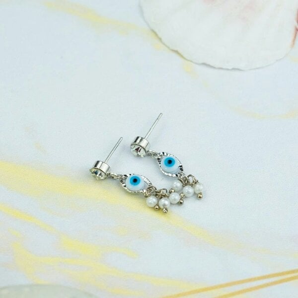 The Colourful Aura White Tiny Pearl Poth Zircon Greek Evil Eye Dangle Drop Handmade Stud Earrings