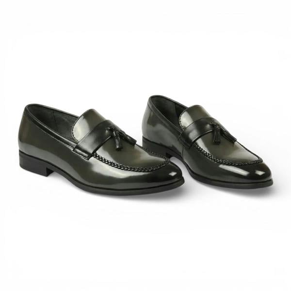 Dolcetto Mens Olive Tassel High-Gloss Patent Faux Leather Formal Loafers Shoes