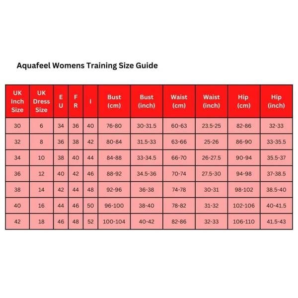 Aquafeel Racerback Bikini Set in mare blu fabric size guide chart