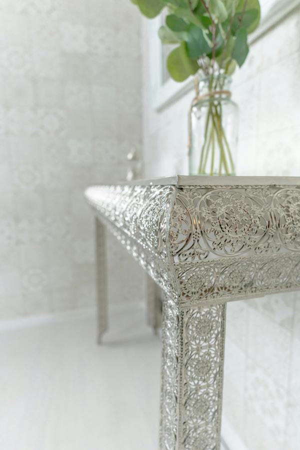 Downton Interiors Silver Embossed Metal Mirrored Glass Console Table - Agadir Range