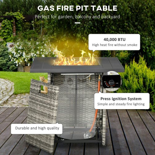 Wyld Haus Rata Faux Rattan Grey Square Gas Fire Pit Table With Rain Cover Mesh Lid And Lava Stones