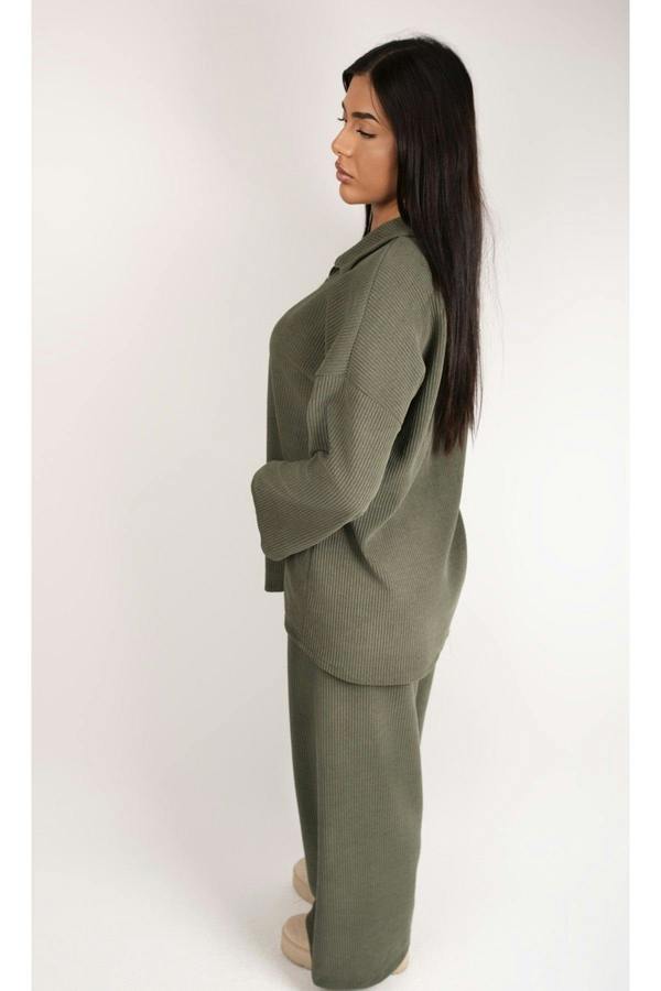 Selira Ribbed Zip Front Top And Wide Leg Trouser Co-ord Set - Khaki