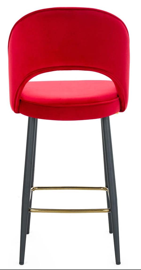 Lamboro Chelsea Velvet Bar Stool, Red, Black Legs with Gold Footrest, Padded Seat