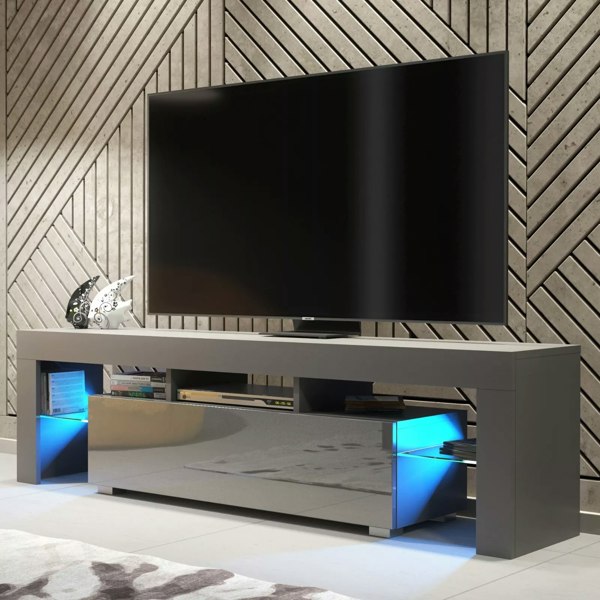 Mex Furniture 160cm TV Unit – Modern TV Stand Cabinet with Grey High Gloss Doors and Free LED