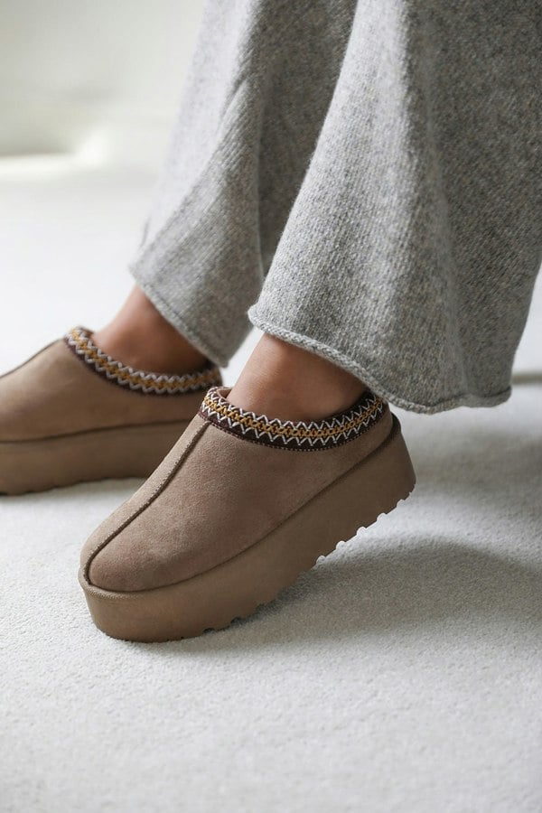 Where's That From Allegra Flatform Embroidered Low Ankle Slipper Boots in Camel Suede