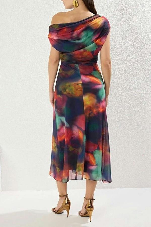 WOVCOR Patterned Lined Tulle Knit Midi Evening Prom Dress