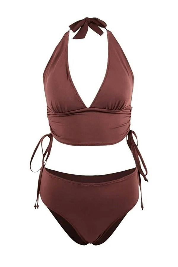 WOVCOR 2-Piece Triangle Covered Draped Adjustable High Waist Regular Bikini Set