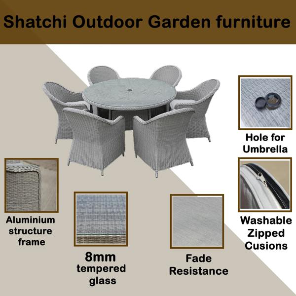 Shatchi Sorrento 6-Seater Rattan Dining Set, Round Garden Table with Chairs, Outdoor Patio Furniture Set