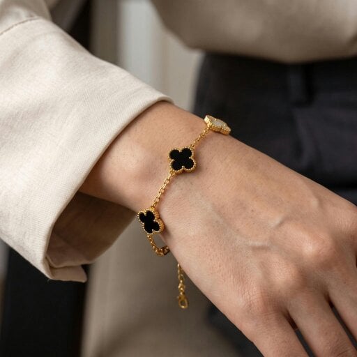 The Colourful Aura 18ct Gold Plated Black and White Clover Charm Chain Bracelet 8 Inch