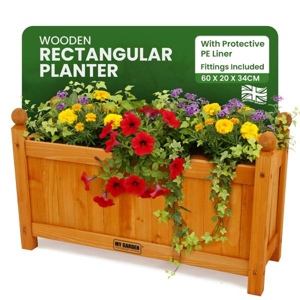 My Garden Outdoor Living My Garden Wooden Rectangular Trough Planter with PE Liner - 60 x 20 x 34 cm Weather Resistant Planter Box for Gardens