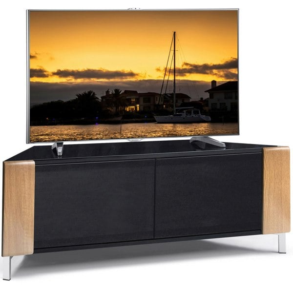 MDA Designs CORVUS Corner-Friendly Gloss Black Contemporary Cabinet with Oak Profiles Black BeamThru Glass Doors for Flat Screen TVs up to 50"