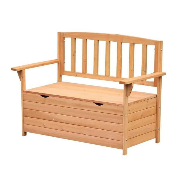 Natural wood two-seater garden storage bench with slatted back and hinged top