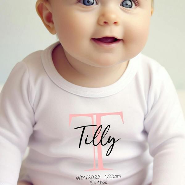 Personalised Pink Initial Baby Grow, Vest or Bib with Name