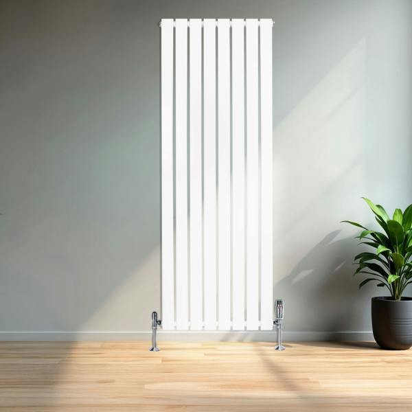 Flat single column radiator in sleek white finish, 1600 x 560mm, featuring vertical bars and polished chrome valves, set against a modern interior