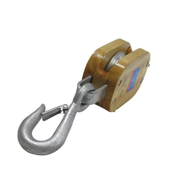 Single Pulley Block With Swivel Hook 8" (2.1 Ton Wooden Snatch Double Treble Eye Shackle)