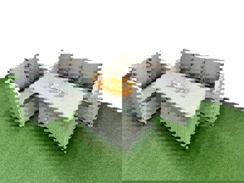 Fimous 5 Seater PE Rattan Wicker Garden Furniture Patio Conservatory Sofa Set with Fire Pit Dining Table 3 Seater Sofa Love Sofa