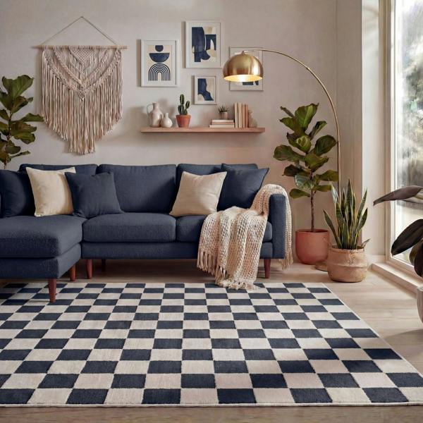 Loft Checkerboard Blue Rug, Cozy pile, Easy care.