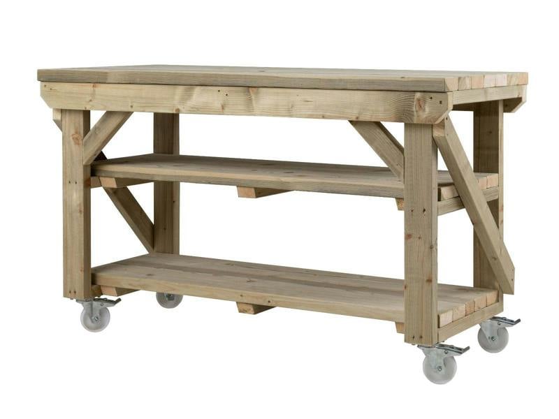 Indoor/Outdoor Pressure-Treated Double Shelf with wheels Workbench, a robust and versatile solution for all your workspace needs. Handcrafted in the UK, this workbench is constructed from high-quality, pressure-treated timber, ensuring durability and resistance to the elements, making it suitable for both indoor and outdoor use.