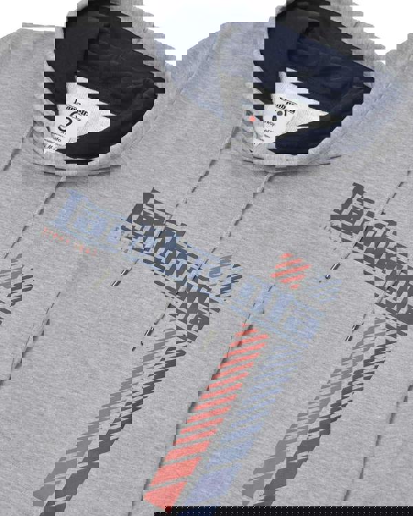 Lambretta Mens Racing Stripe Pull Over Sweatshirt Hooded Hoodie, gray hoodie with navy, red, and white racing stripe graphics and text design.