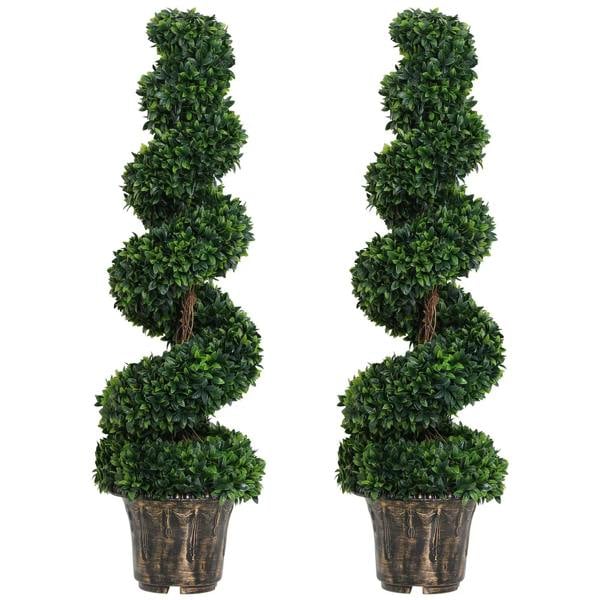 Set of 2 tall artificial spiral plants in brown textured pots with dense green leaves