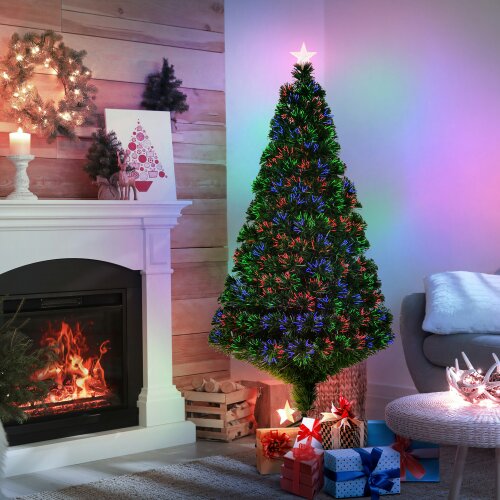 HOMCOM 4FT Pre-lit Fibre Optic Christmas Tree Artificial Holiday Décor Metal - 5ft