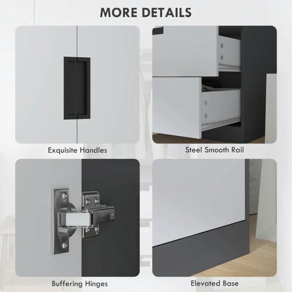 Modern Clothes Storage Cupboard Unit, 3 Drawer 2 Door Wardrobe with Hanging Rod, Grey