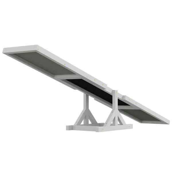 White wooden dog seesaw with angled black anti-slip ramp and wide support base for balance