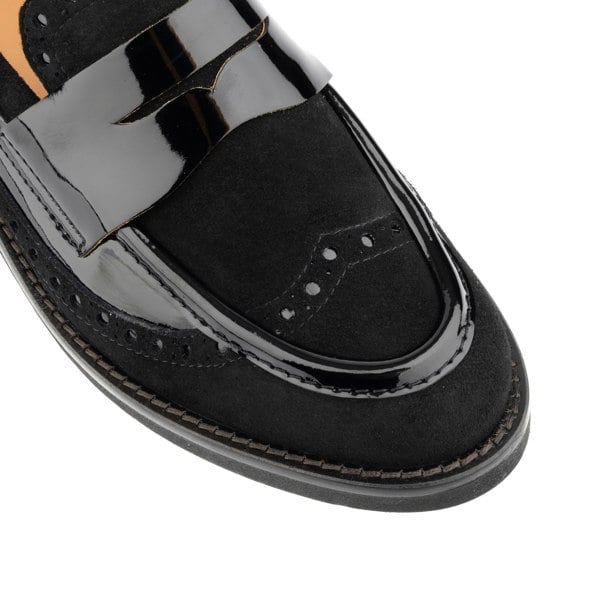 Embassy London Angelina - Black - Women's leather almond toe penny loafer with broguing