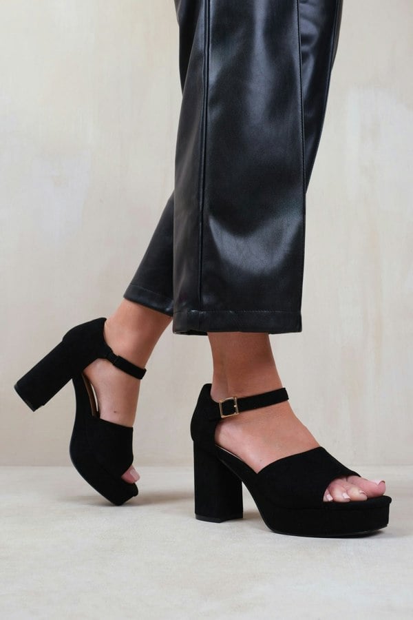 Where's That From Marin Wide Fit Statement Platform Block High Heels With Buckle Detail in Black Suede