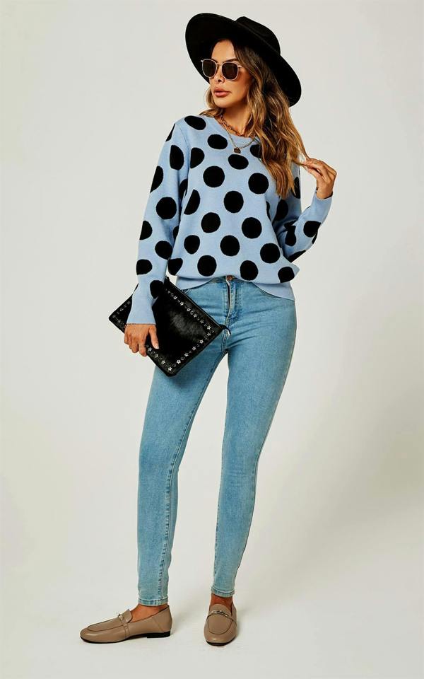 FS Collection Comfy Knit Black Polka Dot Pattern Jumper Top In Blue
